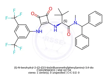 Chemical structure of (S)-N-benzhydryl-2-((2-((3,5-bis(trifluoromethyl)phenyl)amino)-3,4-dioxocyclobut-1-en-1-yl)amino)-N,3,3-trimethylbutanamide