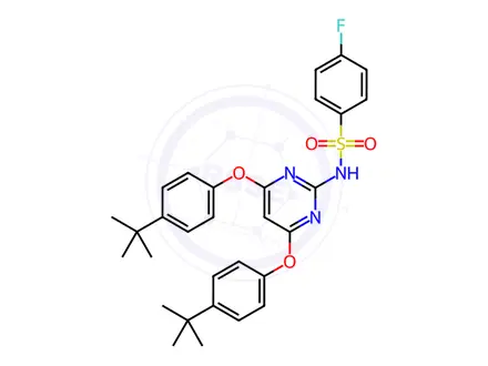 Chemical structure of N-(4,6-bis(4-(tert-butyl)phenoxy)pyrimidin-2-yl)-4-fluorobenzenesulfonamide
