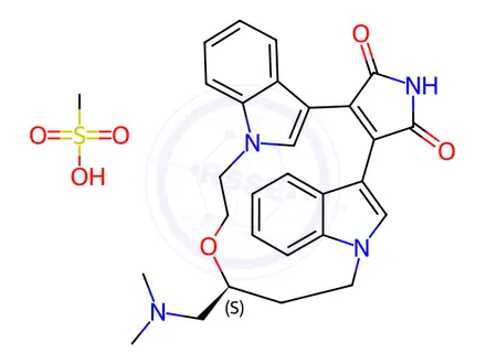 Chemical structure of (9S)-9-[(Dimethylamino)methyl]-6,7,10,11-tetrahydro-9H,18H-5,21:12,17-dimethenodibenzo[e,k]pyrrolo[3,4-h][1,4,13]oxadiazacyclohexadecine-18,20(19H)-dione methanesulfonate