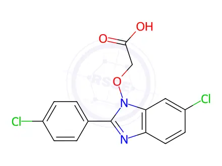 Chemical structure of 2-{[6-chloro-2-(4-chlorophenyl)-1H-1,3-benzimidazol-1-yl]oxy}acetic acid
