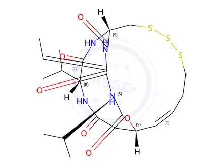 Chemical structure of (1S,4S,7Z,10S,17Z,22R)-7-ethylidene-4,22-diisopropyl-2-oxa-12,13,14-trithia-5,8,21,24-tetraazabicyclo[8.8.6]tetracos-17-ene-3,6,9,20,23-pentaone