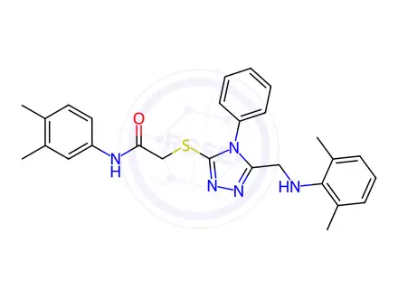 Chemical structure of N-(3,4-dimethylphenyl)-2-((5-(((2,6-dimethylphenyl)amino)methyl)-4-phenyl-4H-1,2,4-triazol-3-yl)thio)acetamide