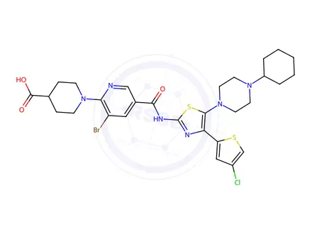 Chemical structure of 1-(3-bromo-5-(4-(4-chlorothiophen-2-yl)-5-(4-cyclohexyl piperazin-1-yl) thiazol-2-ylcarbamoyl) pyridin-2-yl) piperidine-4-carboxylic acid