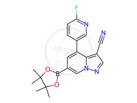 Chemical structure of 4-(6-Fluoropyridin-3-yl)-6-(4,4,5,5-tetramethyl-1,3,2-dioxaborolan-2-yl)pyrazolo[1,5-a]pyridine-3-carbonitrile