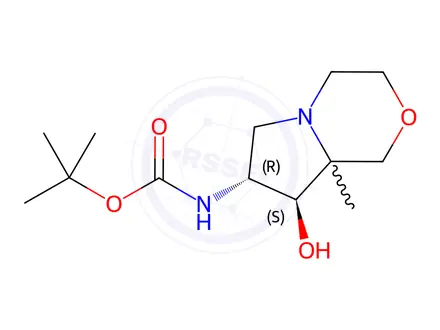 Chemical structure of Carbamic acid, N-[(7R,8S)-hexahydro-8-hydroxy-8a-methyl-1H-pyrrolo[2,1-c][1,4]oxazin-7-yl]-, 1,1-dimethylethyl ester, rel-
