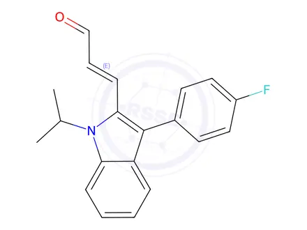 Chemical structure of (2E)-3-[3-(4-Fluorophenyl)-1-(1-methylethyl)-1H-indol-2-yl]-2-propenal