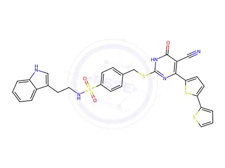 Chemical structure of 4-(4-[2,2']Bithiophenyl-5-yl-5-cyano-6-oxo-1,6-dihydro-pyrimidin-2-ylsulfanylmethyl)-N-[2-(1H-indol-3-yl)-ethyl]-benzenesulfonamide