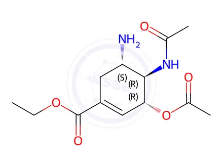 Chemical structure of 1-Cyclohexene-1-carboxylic acid, 4-(acetylamino)-3-(acetyloxy)-5-amino-, ethyl ester, (3R,4R,5S)-rel