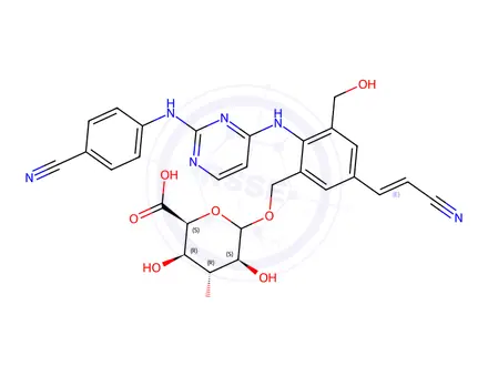 Chemical structure of (2S,3R,4R,5S)-6-((2-((2-((4-Cyanophenyl)amino)pyrimidin-4-yl)amino)-5-((E)-2-cyanovinyl)-3-(hydroxymethyl)benzyl)oxy)-3,4,5-trihydroxytetrahydro-2H-pyran-2-carboxylic Acid