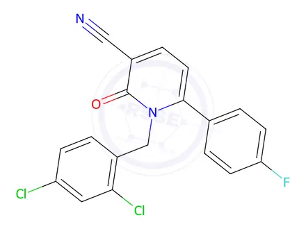 Chemical structure of 1-[(2,4-Dichlorophenyl)methyl]-6-(4-fluorophenyl)-2-oxo-1,2-dihydropyridine-3-carbonitrile