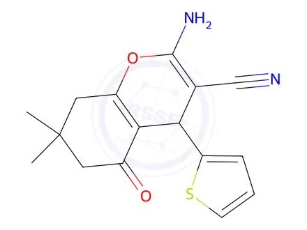 Chemical structure of 2-AMINO-7,7-DIMETHYL-5-OXO-4-(2-THIENYL)-4,6,7,8-TETRAHYDRO2H-CHROMENE-3-CARBONITRILE
