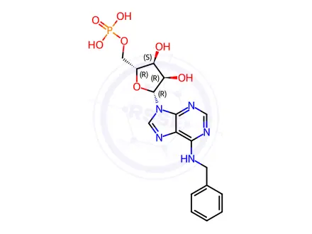 Chemical structure of ((2R,3S,4R,5R)-5-(6-(Benzylamino)-9H-purin-9-yl)-3,4-dihydroxytetrahydrofuran-2-yl)methyl Dihydrogen Phosphate