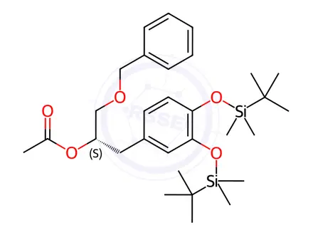 Chemical structure of (S)-1-(Benzyloxy)-3-(3,4-bis((tert-butyldimethylsilyl)oxy)phenyl)propan-2-yl acetate