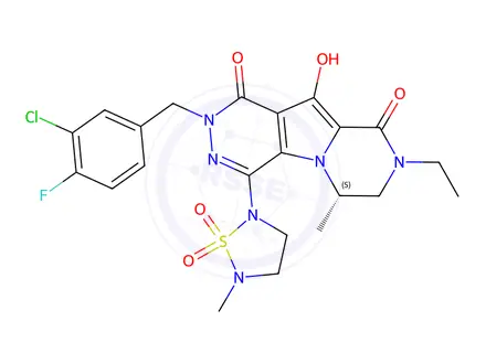 Chemical structure of (S)-2-(3-Chloro-4-fluorobenzyl)-8-ethyl-10-hydroxy-6-methyl-4-(5-methyl-1,1-dioxido-1,2,5-thiadiazolidin-2-yl)-7,8-dihydropyrazino[1',2':1,5]pyrrolo[2,3-d]pyridazine-1,9(2H,6H)-dione