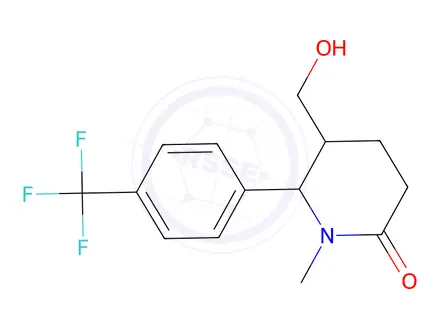 Chemical structure of 5-(hydroxymethyl)-1-methyl-6-[4-(trifluoromethyl)phenyl]piperidin-2-one