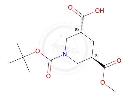 Chemical structure of rel-(3R,5R)-1-(tert-Butoxycarbonyl)-5-(methoxycarbonyl)piperidine-3-carboxylic acid