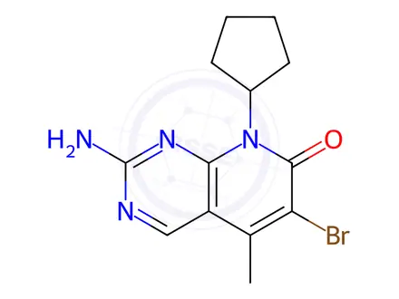 Chemical structure of 2-amino-6-bromo-8-cyclopentyl-5-methylpyrido[2,3-d]pyrimidin-7(8H)-one