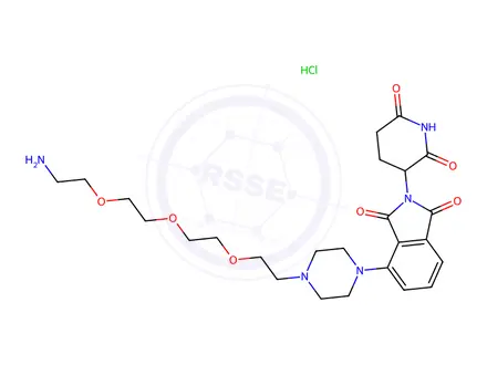 Chemical structure of 1H-Isoindole-1,3(2H)-dione, 4-[4-[2-[2-(2-aminoethoxy)ethoxy]ethyl]-1-piperazinyl]-2-(2,6-dioxo-3-piperidinyl)-, hydrochloride (1:1)