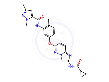 Chemical structure of N-(5-((2-(Cyclopropanecarboxamido)imidazo[1,2-b]pyridazin-6-yl)oxy)-2-methylphenyl)-1,3-dimethyl-1H-pyrazole-5-carboxamide