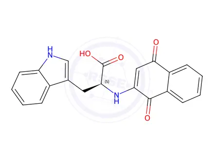Chemical structure of (S)-2-((1,4-Dioxo-1,4-dihydronaphthalen-2-yl)amino)-3-(1H-indol-3-yl)propanoic acid