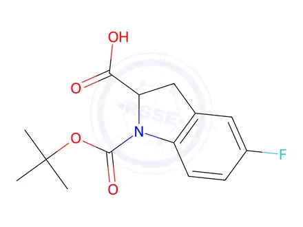 Chemical structure of 1-tert-butoxycarbonyl-5-fluoro-indoline-2-carboxylic acid