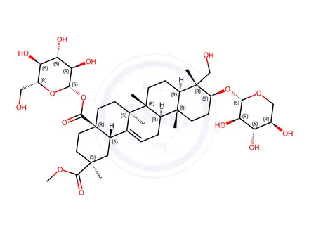 Chemical structure of Olean-12-ene-28,29-dioic acid, 23-hydroxy-3-(β-D-xylopyranosyloxy)-, 28-β-D-glucopyranosyl 29-methyl ester, (3β,4α,20β)-