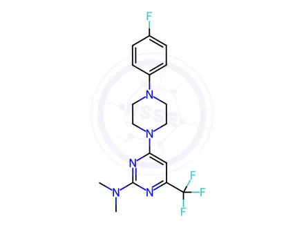 Chemical structure of 4-(4-(4-Fluorophenyl)piperazin-1-yl)-N,N-dimethyl-6-(trifluoromethyl)pyrimidin-2-amine