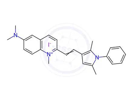 Chemical structure of 6-(dimethylamino)-2-[2-(2,5-dimethyl-1-phenyl-1H-pyrrol-3-yl)vinyl]-1-methylquinolinium iodide