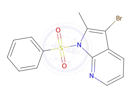 Chemical structure of 1-(Benzenesulfonyl)-3-bromo-2-methyl-1H-pyrrolo[2,3-b]pyridine