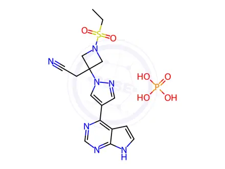 Chemical structure of 2-(3-(4-(7H-Pyrrolo[2,3-d]pyrimidin-4-yl)-1H-pyrazol-1-yl)-1-(ethylsulfonyl)azetidin-3-yl)acetonitrile phosphate