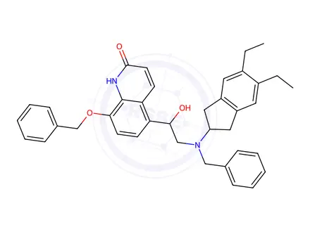 Chemical structure of 5-(2-(benzyl(5,6-diethyl-2,3-dihydro-1H-inden-2-yl)amino)-1-hydroxyethyl)-8-(benzyloxy)quinolin-2(1H)-one