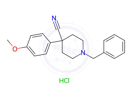 Chemical structure of 1-Benzyl-4-(4-methoxyphenyl)piperidine-4-carbonitrile hydrochloride