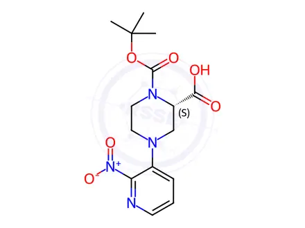 Chemical structure of (S)-1-(tert-Butoxycarbonyl)-4-(2-nitropyridin-3-yl)piperazine-2-carboxylic acid
