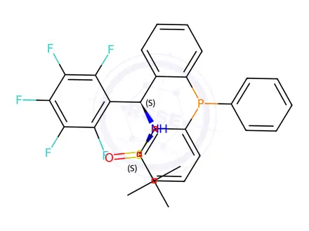 Chemical structure of N-((S)-(2-(Diphenylphosphanyl)phenyl)(perfluorophenyl)methyl)-2-methylpropane-2-sulfinamide