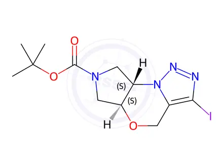 Chemical structure of (5aS,8aS)-tert-Butyl 3-iodo-5a,6,8,8a-tetrahydropyrrolo[3,4-b][1,2,3]triazolo[1,5-d][1,4]oxazine-7(4H)-carboxylate