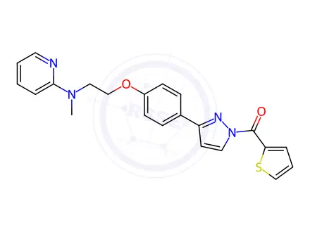 Chemical structure of N-Methyl-N-(2-{4-[1-(thiophene-2-carbonyl)-1H-pyrazol-3-yl]phenoxy}ethyl)pyridin-2-amine