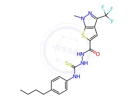 Chemical structure of N-(4-butylphenyl)-2-(1-methyl-3-(trifluoromethyl)-1H-thieno[2,3-c]pyrazole-5-carbonyl)hydrazine-1-carbothioamide