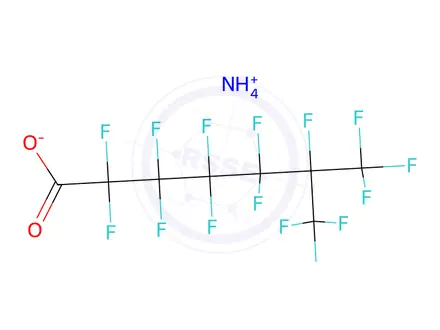 Chemical structure of Heptanoic acid, 2,2,3,3,4,4,5,5,6,7,7,7-dodeca fluoro-6-(trifluoromethyl)-, ammonium salt (1:1)