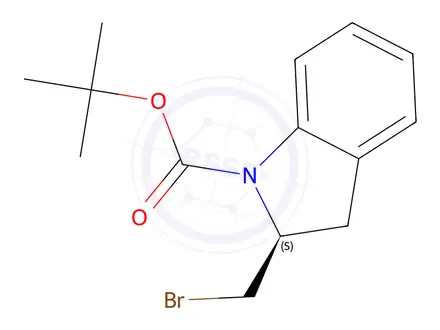 Chemical structure of tert-butyl (2S)-2-(bromomethyl)-2,3-dihydro-1H-indole-1-carboxylate