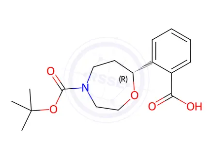 Chemical structure of 1,4-Oxazepine-4(5H)-carboxylic acid, 7-(2-carboxyphenyl)tetrahydro-, 4-(1,1-dimethylethyl) ester, (7R)-