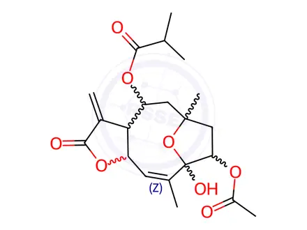 Chemical structure of 2-Methylpropanoic acid (3aR,4R,6R,8S,9S,10Z,11aR)-8-acetoxy-2,3,3a,4,5,6,7,8,9,11a-decahydro-9-hydroxy-6,10-dimethyl-3-methylene-2-oxo-6,9-epoxycyclodeca[b]furan-4-yl ester