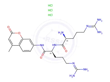 Chemical structure of L-Arginyl-L-arginine 7-Amido-4-methylcoumarin Trihydrochloride