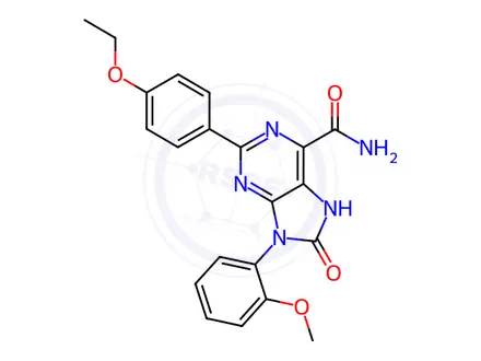 Chemical structure of 2-(4-ethoxyphenyl)-9-(2-methoxyphenyl)-8-oxo-7H-purine-6-carboxamide