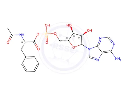 Chemical structure of (S)-2-Acetamido-3-phenylpropanoic (((2R,3S,4R,5R)-5-(6-amino-9H-purin-9-yl)-3,4-dihydroxytetrahydrofuran-2-yl)methyl phosphoric) Anhydride