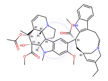 Chemical structure of methyl (3aR,3a1R,4R,5S,5aR,10bR)-4-acetoxy-3a-ethyl-9-((3R,7R,9R)-5-ethyl-9-(methoxycarbonyl)-1,4,7,8,9,10-hexahydro-2H-3,7-methano[1]azacycloundecino[5,4-b]indol-9-yl)-5-hydroxy-8-methoxy-6-methyl-3a,3a1,4,5,5a,6,11,12-octahydro-1H-indolizino[8,1-cd]carbazole-5-carboxylate