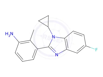 Chemical structure of Benzenamine, 3-(1-cyclopropyl-5-fluoro-1H-benzimidazol-2-yl)-2-methyl-