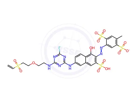 Chemical structure of 1,4-Benzenedisulfonic acid, 2-6-4-2-2-(ethenylsulfonyl)ethoxyethylamino-6-fluoro-1,3,5-triazin-2-ylamino-1-hydroxy-3-sulfo-2-naphthalenylazo-5-methyl-, trisodium salt