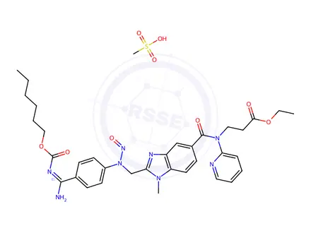 Chemical structure of Ethyl (E)-3-(2-(((4-(N`-((hexyloxy)carbonyl)carbamimidoyl)phenyl)(nitroso)amino)methyl)-1-methyl-N-(pyridin-2-yl)-1H-benzo[d]imidazole-5-carboxamido)propanoate methanesulfonate