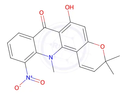 Chemical structure of 3,12-Dihydro-6-hydroxy-3,3,12-trimethyl-11-nitro-7H-pyrano(2,3-c)acrid in-7-one