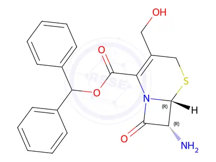 Chemical structure of (6R,7R)-benzhydryl 7-amino-3-(hydroxymethyl)-8-oxo-5-thia-1-azabicyclo[4.2.0]oct-2-ene-2-carboxylate